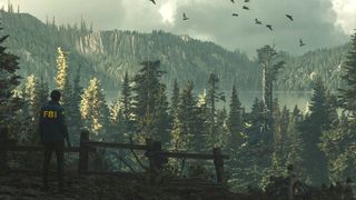 Alan Wake 2; a person looks out over a dense woodland
