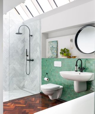 A white, green, and wood wet room