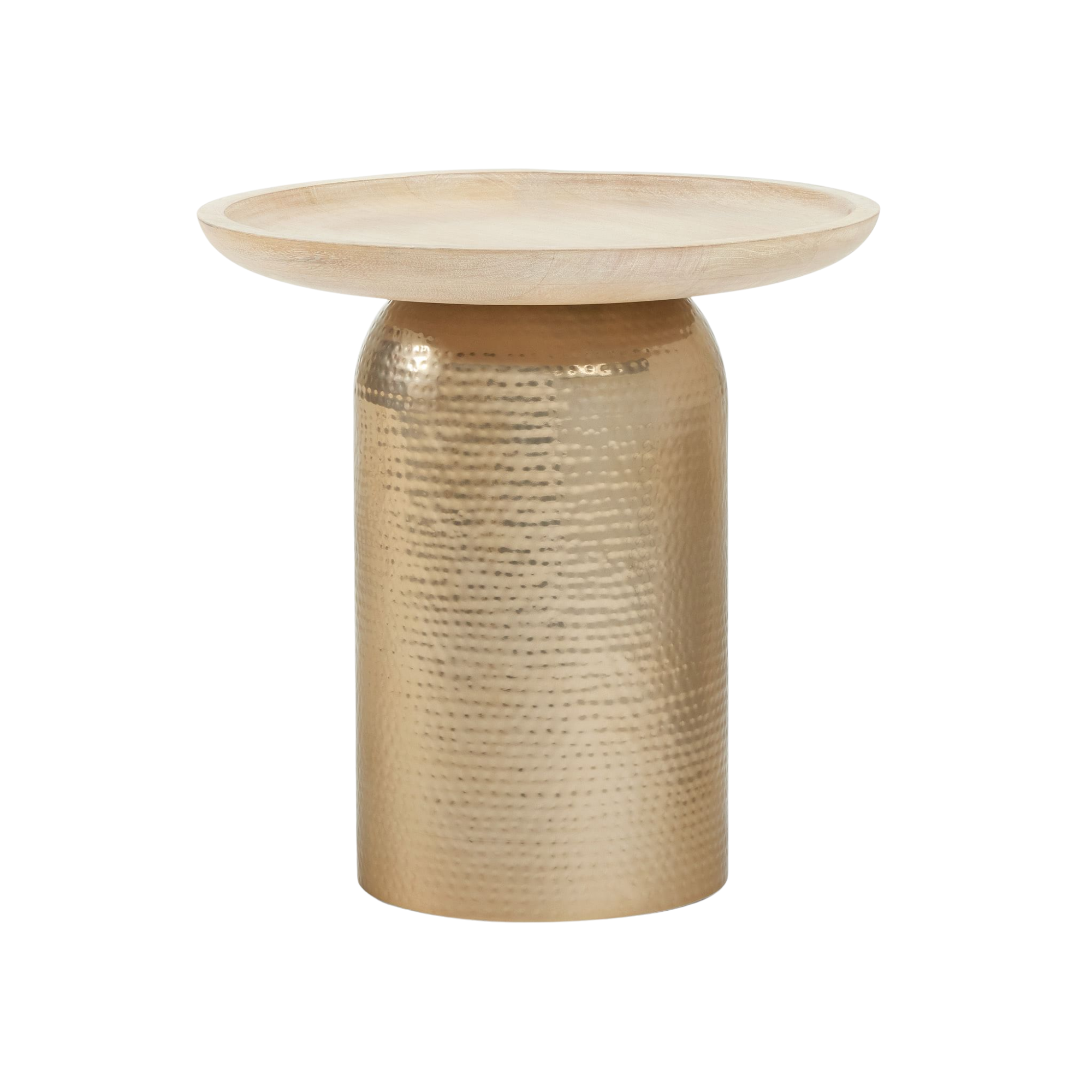 a side table with a gold hammered base