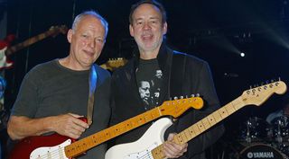 Dave Gilmour from Pink Floyd poses backstage with Phil Manzanera from Roxy Music during rehearsal ahead of tomorrow's Wembley Arena performace of "The Miller Strat Pack" Fender Stratocaster concert, at Black Island Studios in Acton, London.