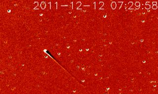 Observations from NASA's Solar Terrestrial Relations Observatory (STEREO) spacecraft show the sungrazing comet Lovejoy as it approaches the sun in December 2011.