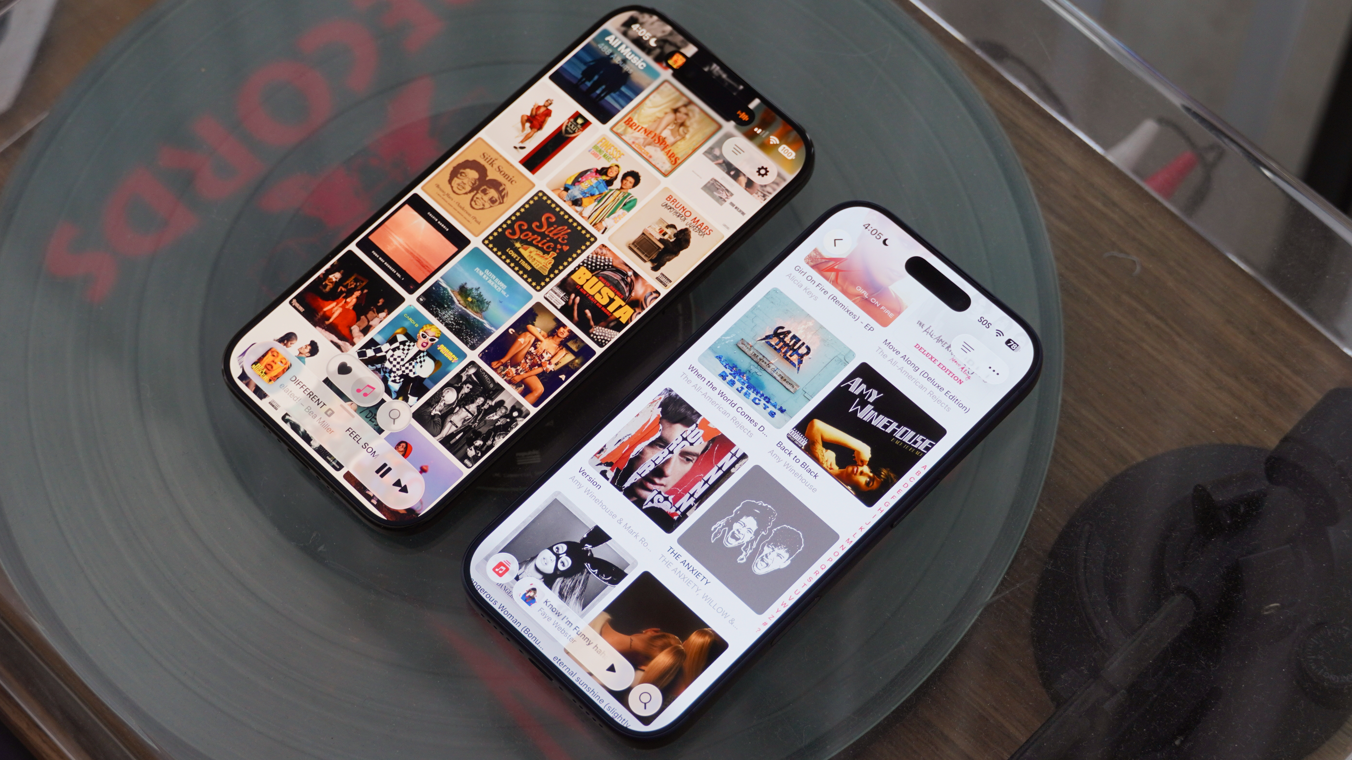 Music player apps running on various Android phones and iPhones.
