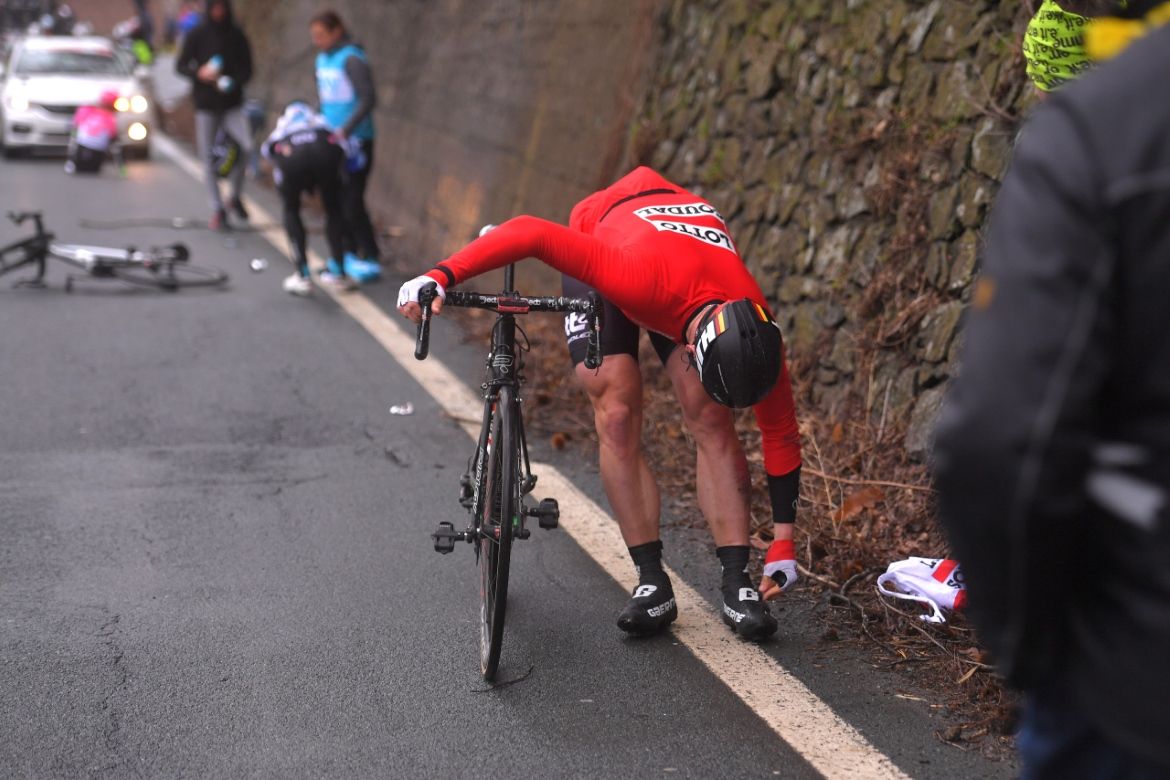 Andre Greipel (Lotto Soudal) picks himself up after a crash in Milan-San Remo