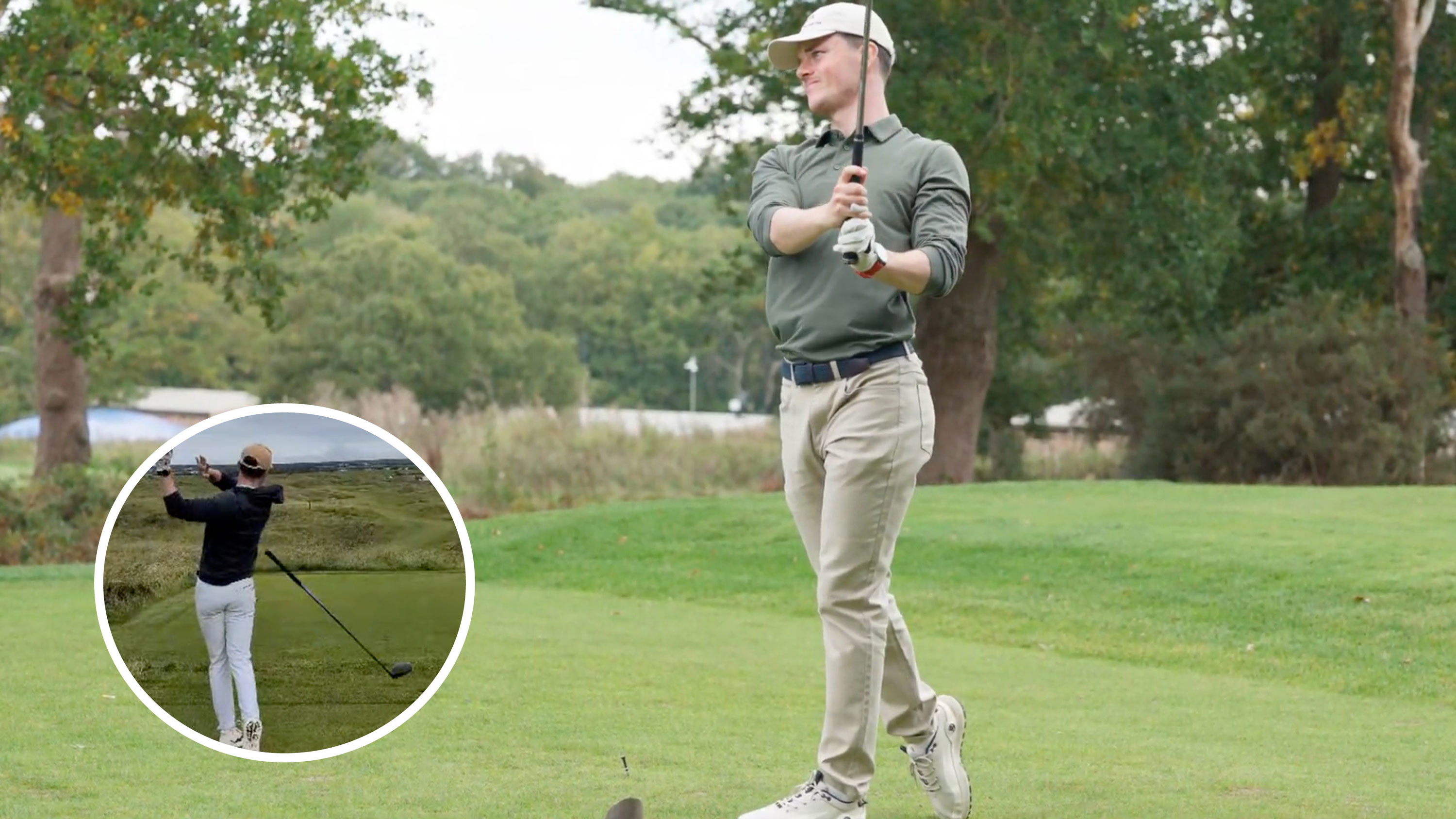 conor keenan hitting a tee shot with an inset of him dropping his driver after a poor drive