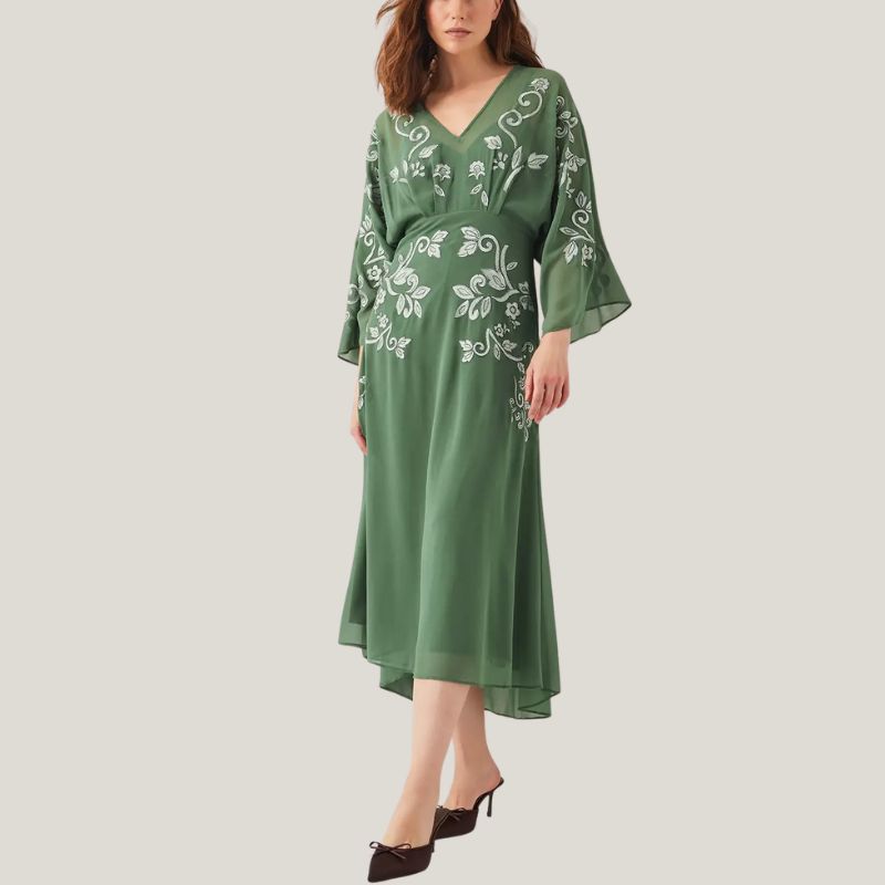 Monsoon Hannah Embroidered Tea Dress Green