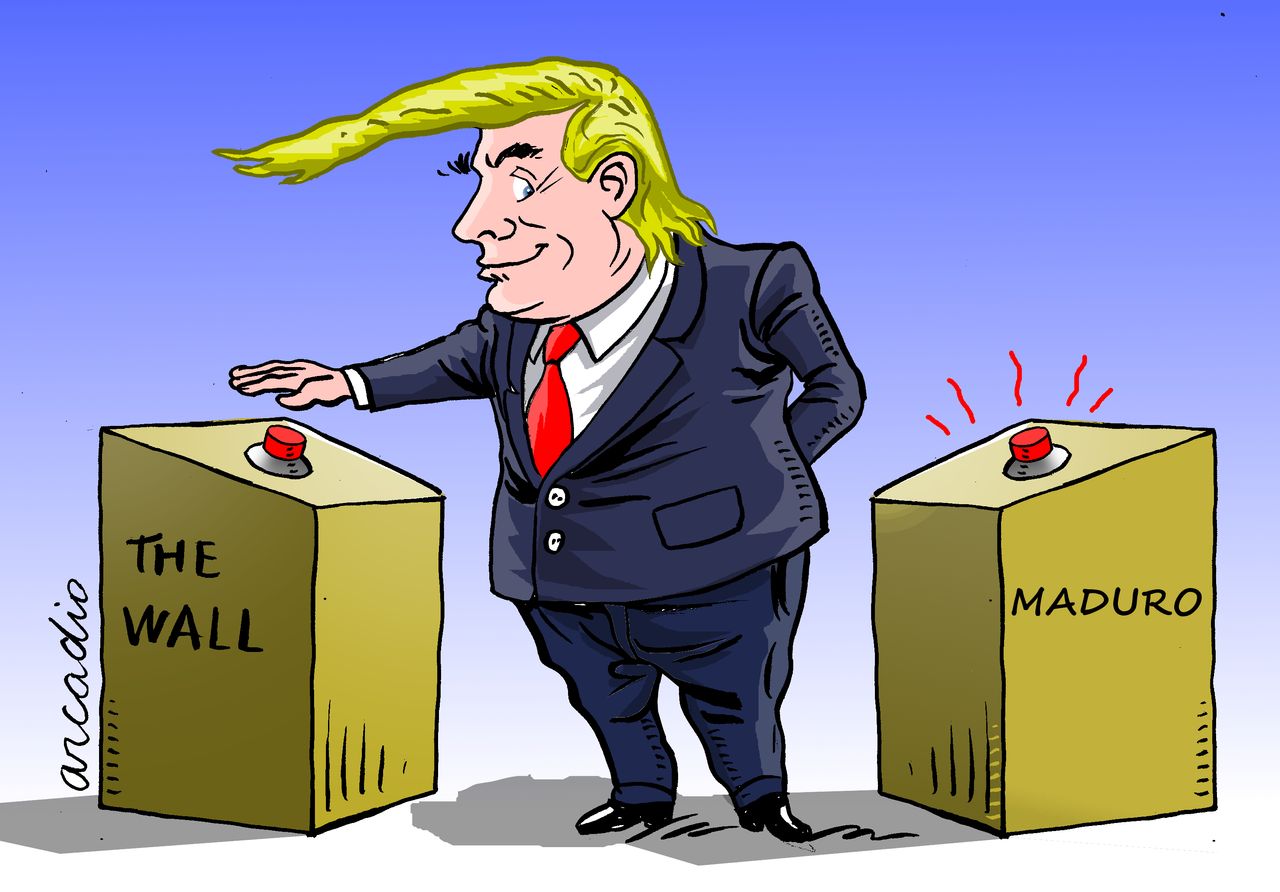 Political Cartoon U.S. Trump Border wall national emergency Maduro Venezuela