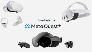 Meta Quest Plus logo with a Meta Quest 2, Meta Quest 3, and Meta Quest Pro headset scattered around it