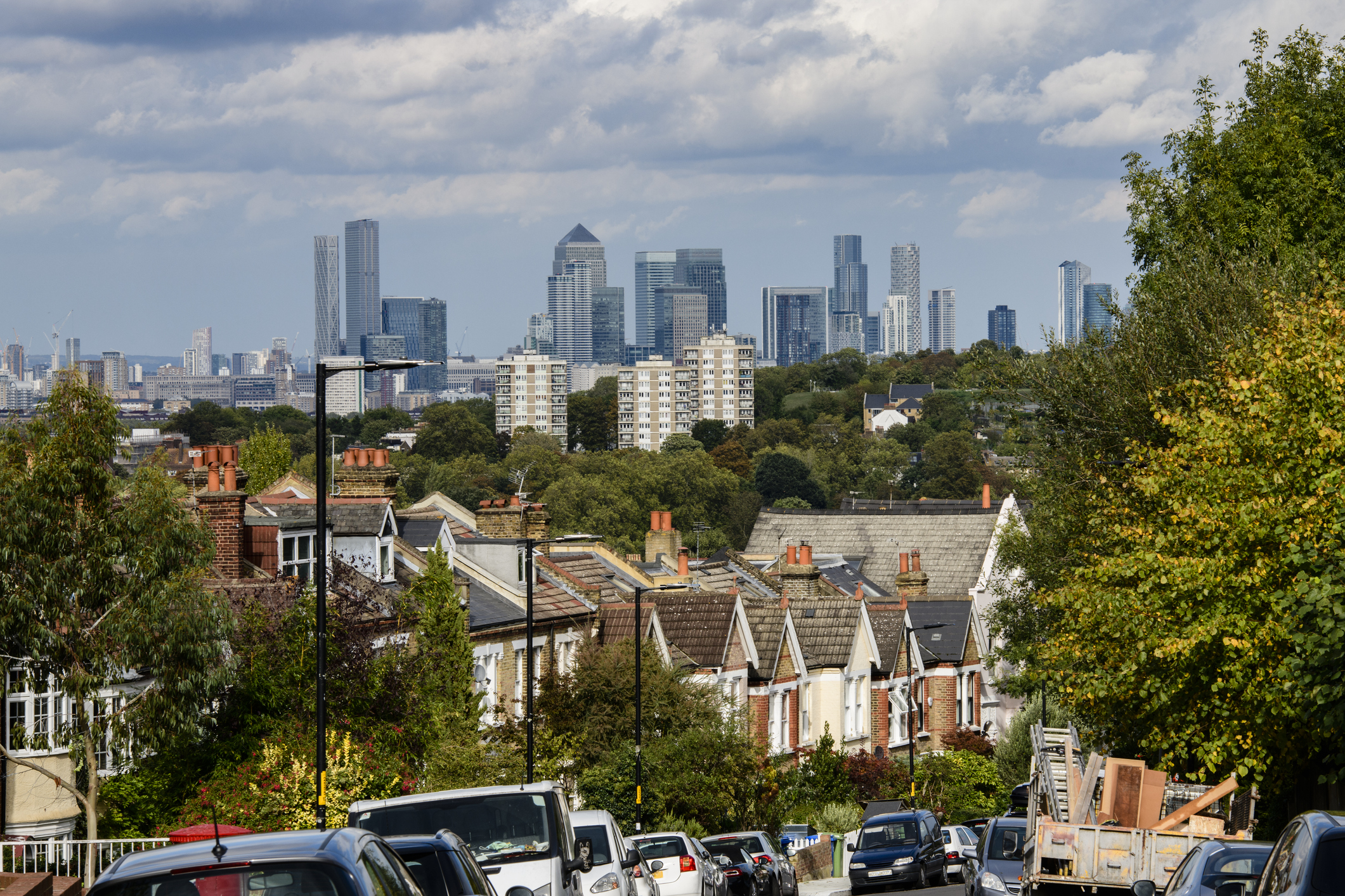 South London housing with Canary Wharf office blocks