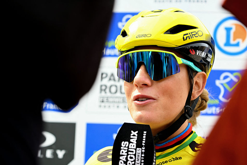 Team Visma - Lease a Bike's French rider Pauline Ferrand-Pr&amp;eacute;vot speaks to journalists prior to the start of the 6th edition of the Women Paris-Roubaix one-day classic cycling race, 143.1 km between Denain and Roubaix, northern France, on April 12, 2026. (Photo by NICOLAS TUCAT / AFP via Getty Images)
