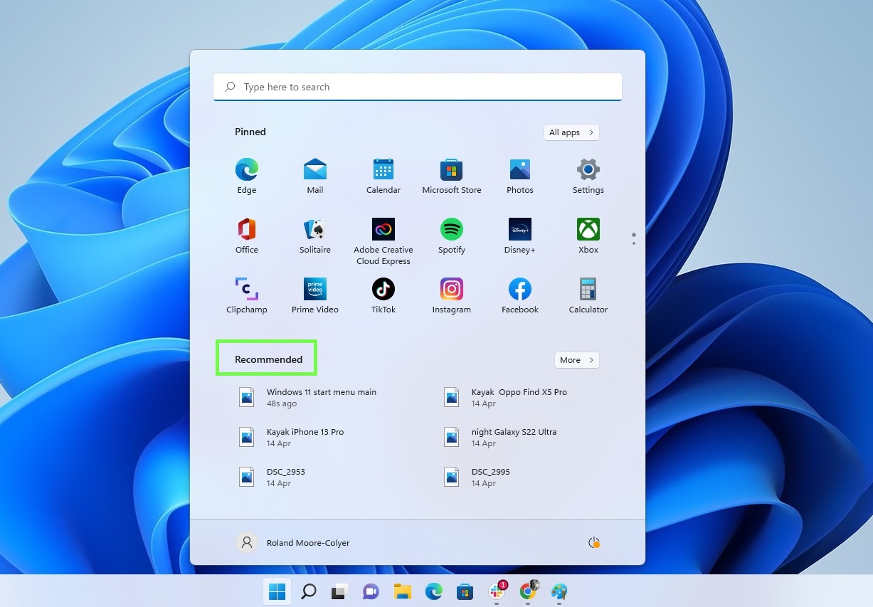 Picture of the start menu in Windows 11