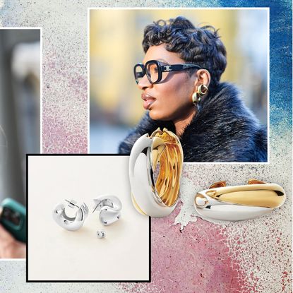 Photo collage of women wearing chunky hoop earrings with earrings from Jenny Bird and Missoma overlaid on a pink and blue paint splatter background