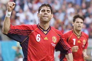 Fernando Hierro celebrates a goal for Spain.