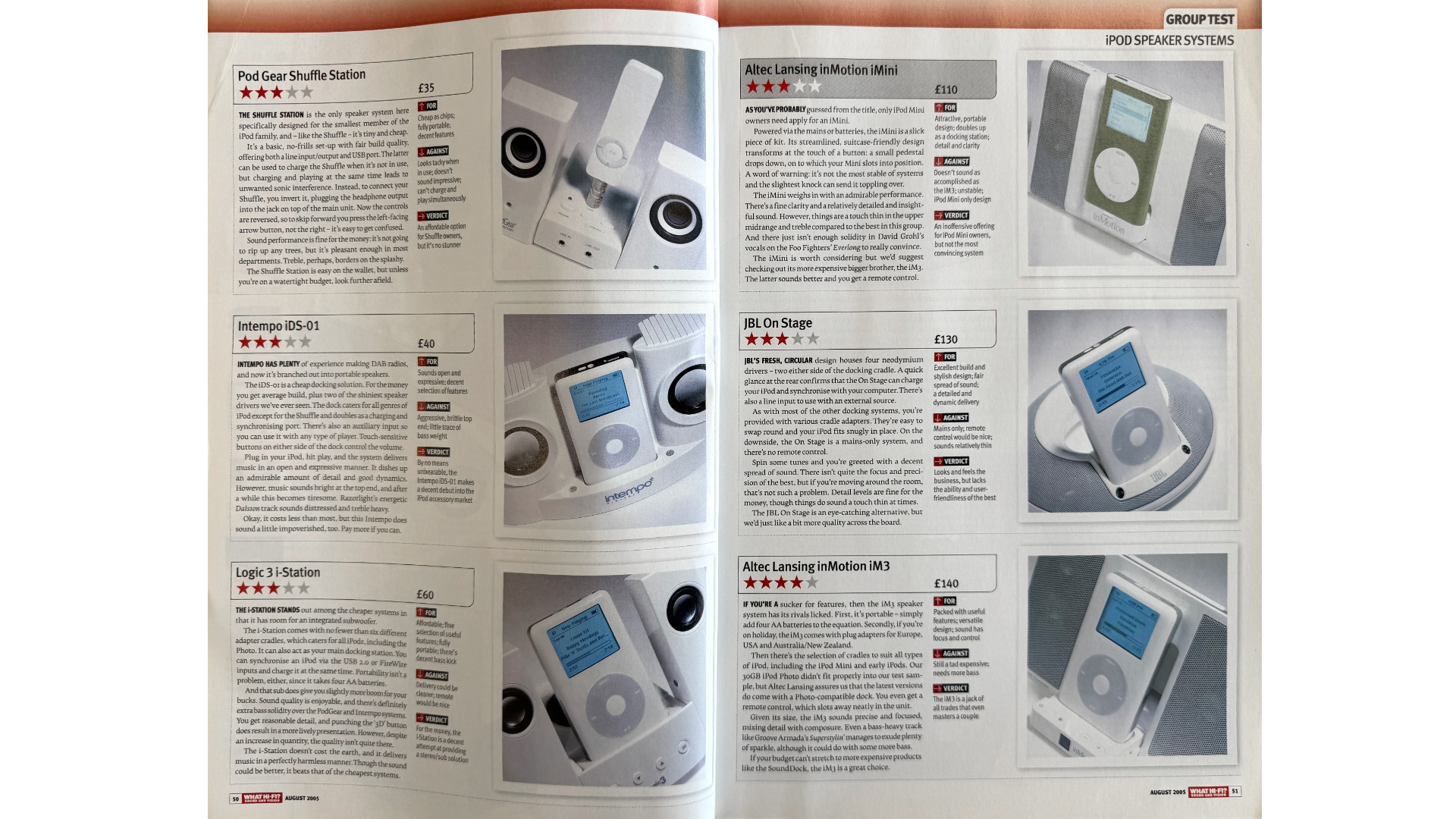 What Hi-Fi? August 2005 issue iPod dock test spread