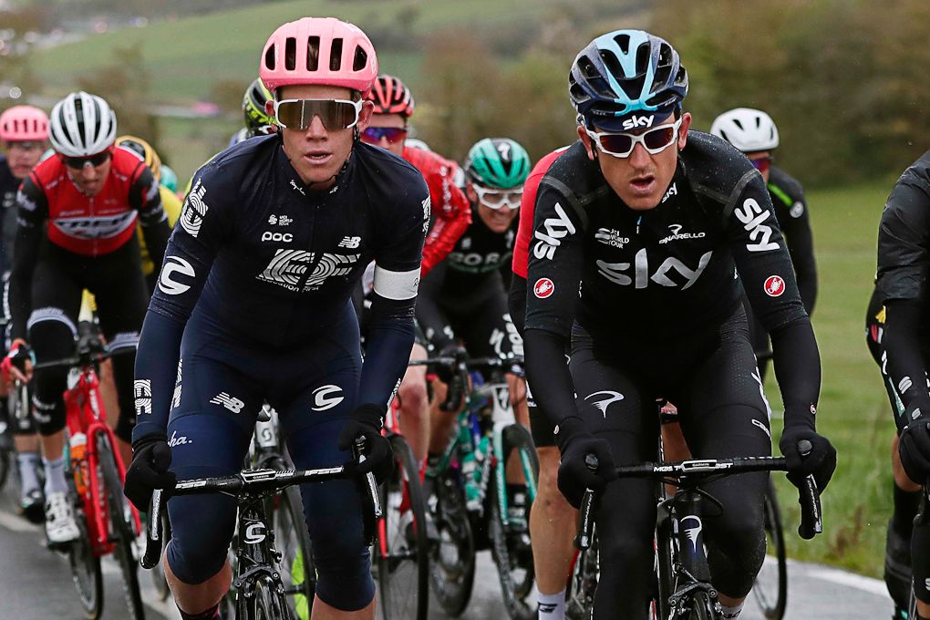 Lawson Craddock and Geraint Thomas in the bunch during stage 4 at Pais Vasco