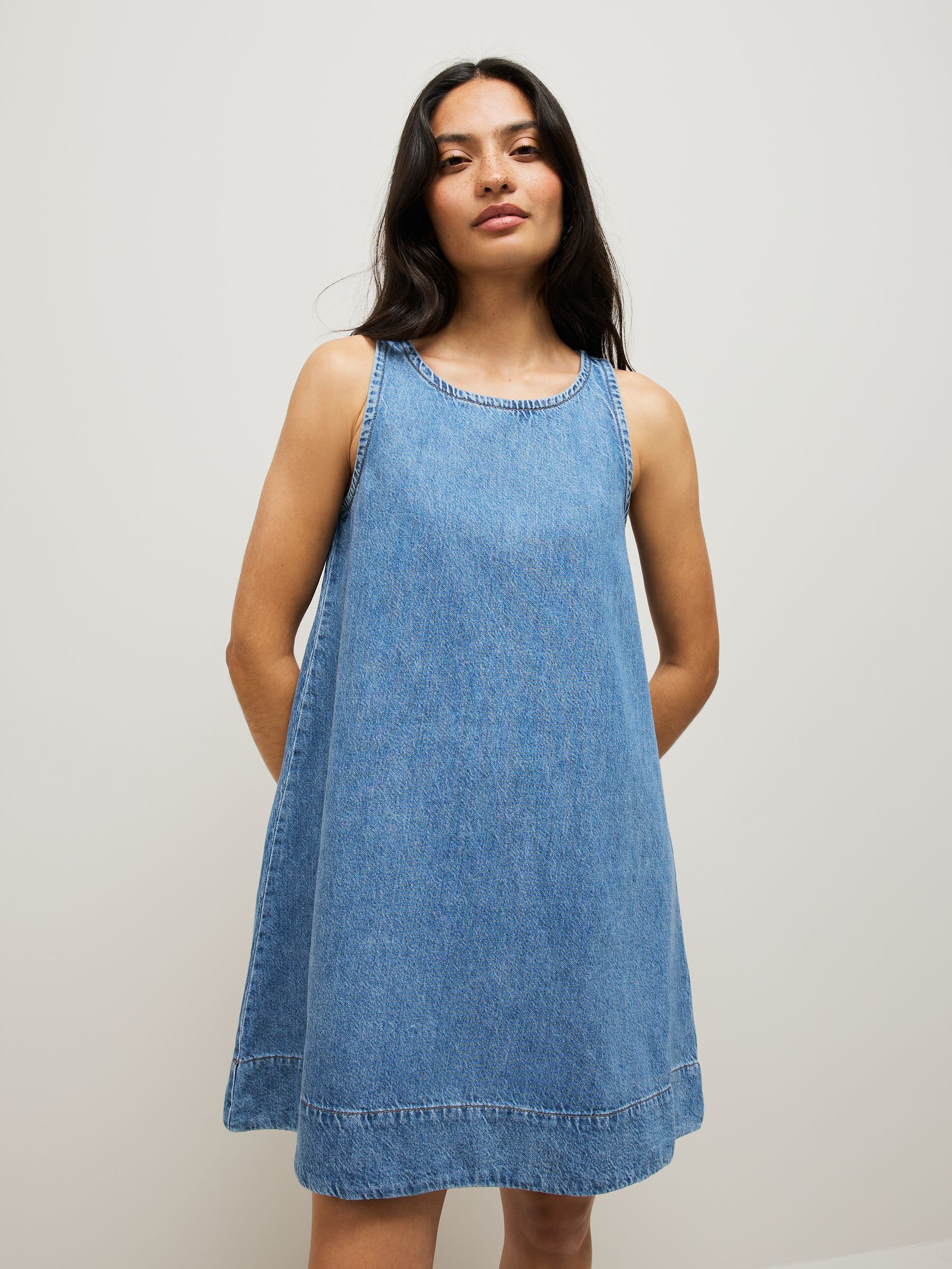 Mid Blue 100% Cotton Denim Racer Mini Dress