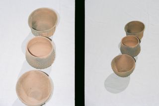 Brown ceramic mimi bowls captured on a grey concrete surface, captured on a sunny day; LEFT: Photographed upclose; RIGHT: Photographed at a light distance