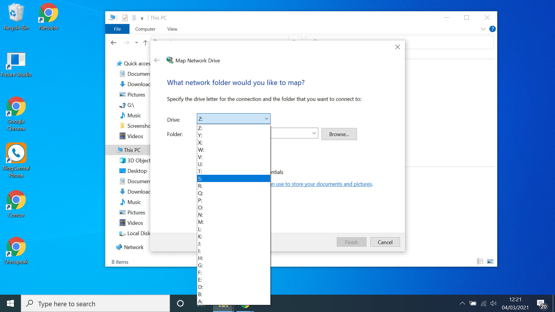Подключение сетевого диска в Windows 10 - выберите букву диска