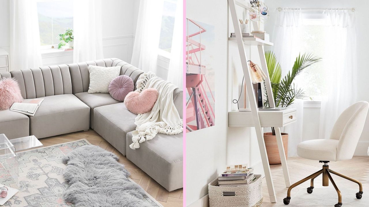 Gray sectional couch and white desk