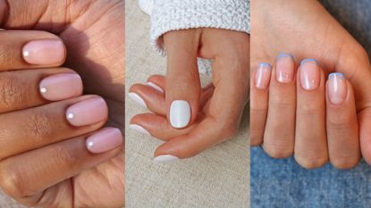 Collage of three nail trends 2023 - lipgloss nails, monochrome mani and micro details