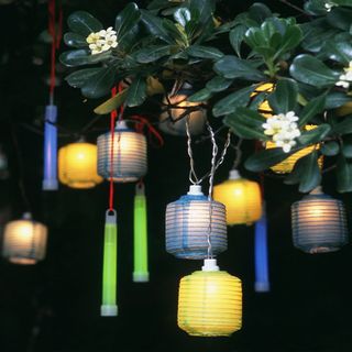 hanging glow sticks and lamps on flower plant