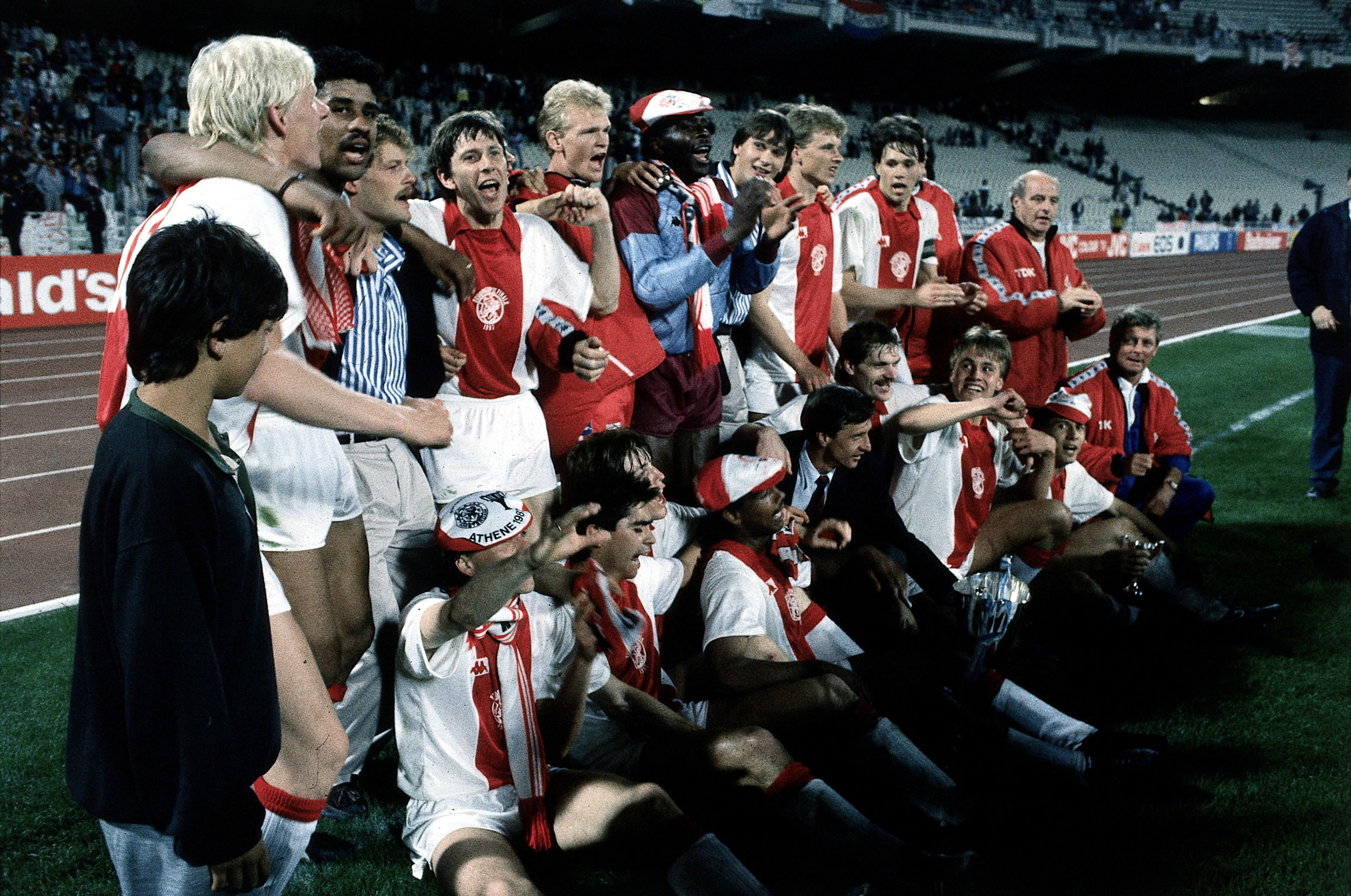 Ajax players celebrate victory over Lokomotive Leipzig in the 1987 European Cup Winners' Cup final.