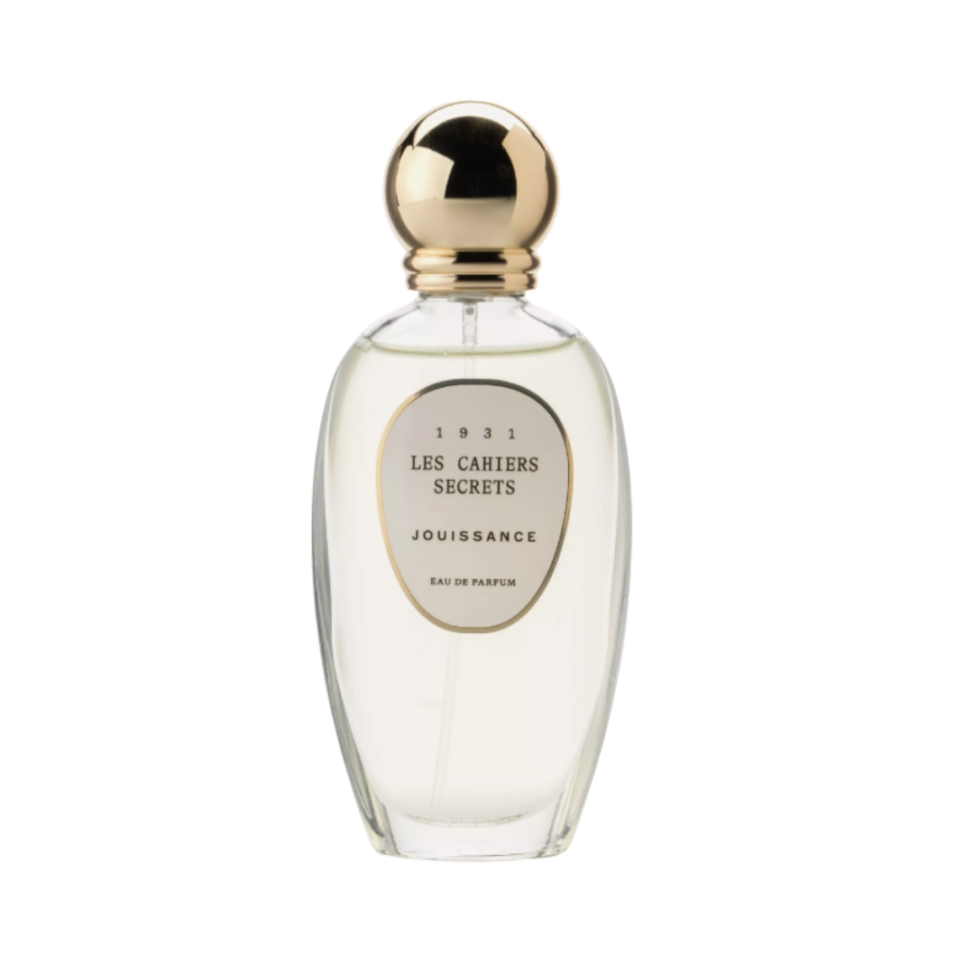 A product shot of the Jouissance Les Cahiers Secrets Eau de Parfum, on a white background