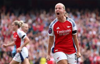 Beth Mead of Arsenal celebrates scoring her team's second goal during the Barclays Women's Super League match between Arsenal and Manchester City at Emirates Stadium on September 22, 2024 in London, England.