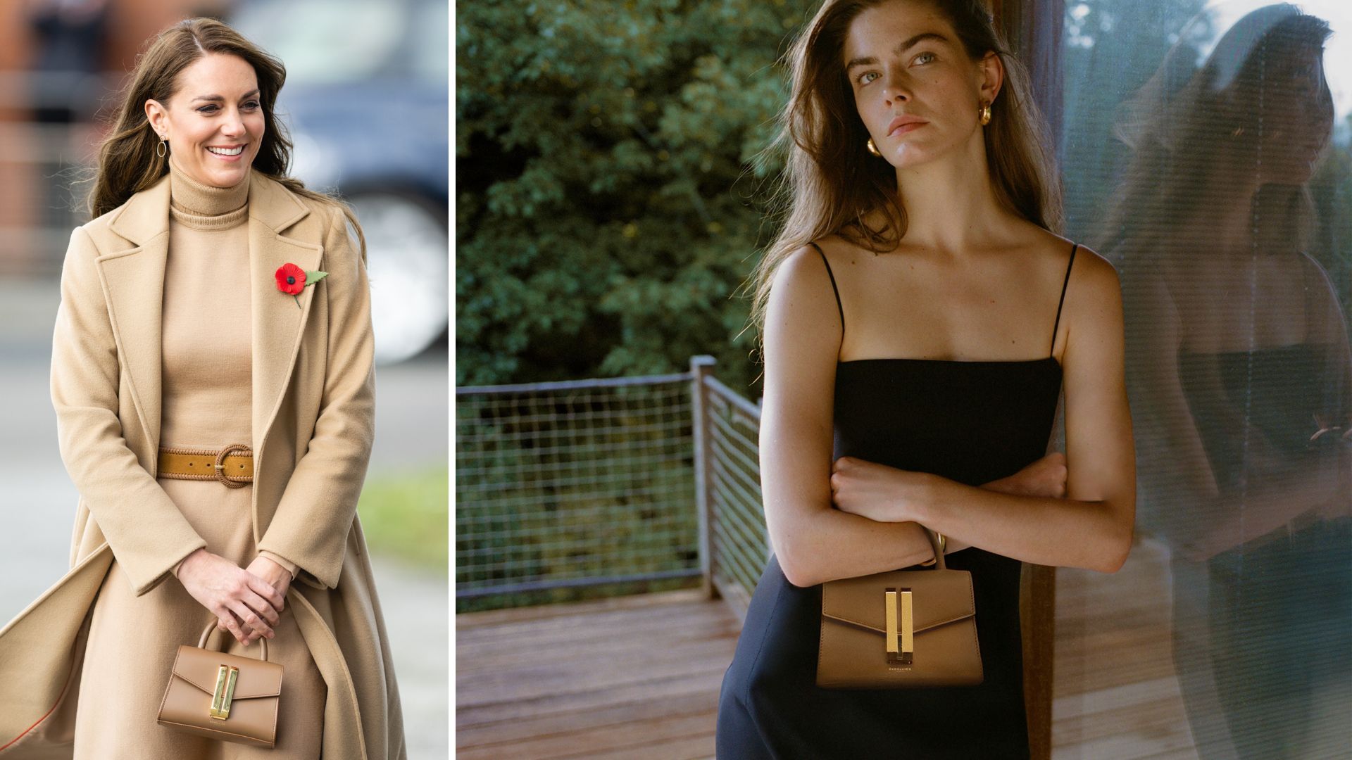 Kate Middleton and a model holding the DeMellier Nano Montreal bag