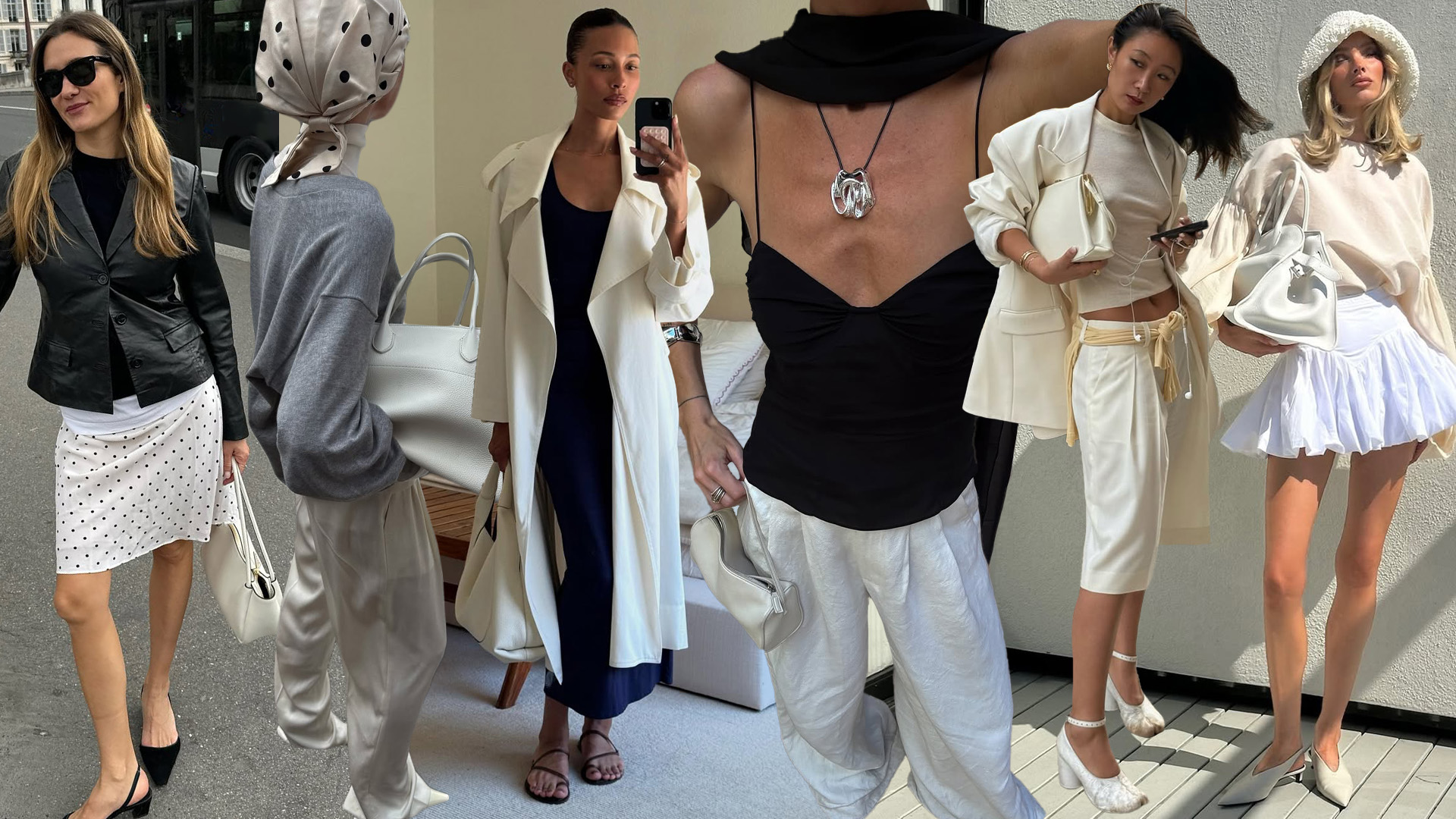 a collage of influencers carrying ivory handbags