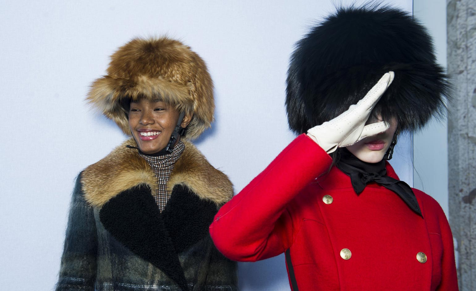 Female models backstage for Moncler Gamme Rouge A/W 2015 modelling the posh equestrian themed collection