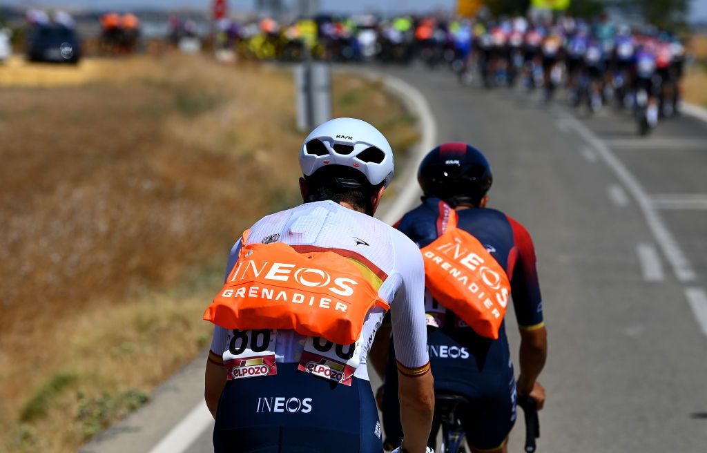 TOMARES SPAIN SEPTEMBER 06 Detail view of Carlos Rodriguez Cano of Spain and Team INEOS Grenadiers carrying a food bag during the 77th Tour of Spain 2022 Stage 16 a 1894km stage from Sanlcar de Barrameda to Tomares LaVuelta22 WorldTour on September 06 2022 in Tomares Spain Photo by Tim de WaeleGetty Images