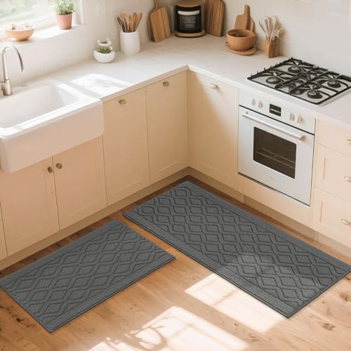 Cosy Homeer 48x20 Inch/30x20 Inch Kitchen Rug Mats Made of 100% Polypropylene 2 Pieces Soft Kitchen Mat Specialized in Anti Slippery and Machine Washable (grey)