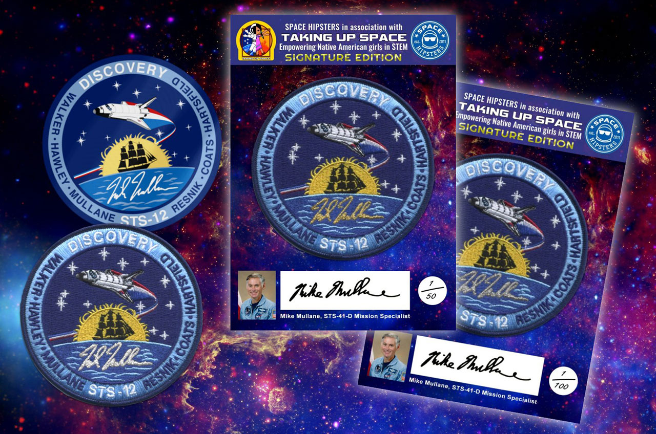 Space Hipsters' "Signature Edition" Mile Mullane patch comes in three versions and as a decal.