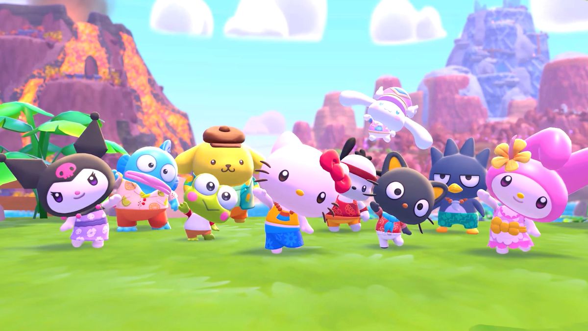 A screenshot of the announcement trailer for Hello Kitty island Adventure, with all the characters waving 