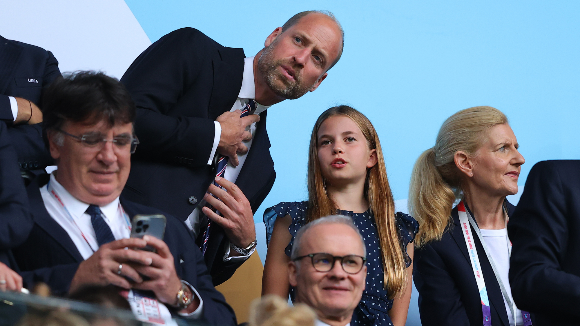 Prince William, Prince of Wales talks with Princess Charlotte prior to the UEFA Women's EURO 2025 Final match between England and Spain at St. Jakob-Park on July 27, 2025 in Basel, Switzerland