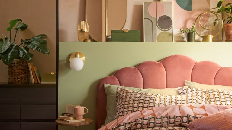 Citrine Bedroom with pink velvet headboard, gallery wall shelf, wall lights as bedside lighting - Habitat 