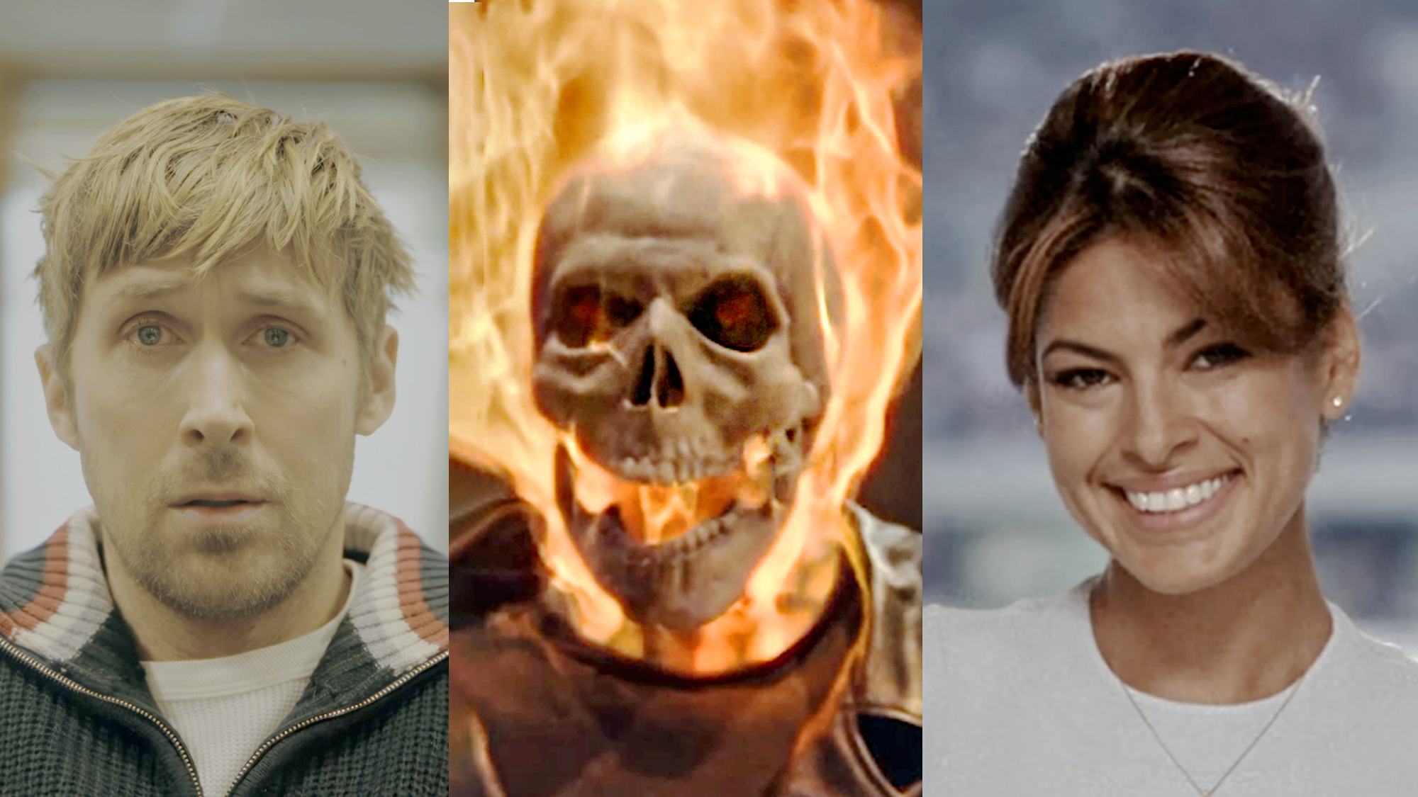 Ryland Grace (Gosling), a middle school science teacher and former biologist in Project Hail Mary, Ghost Rider (Cage) and Roxanne Simpson (Mendes) in the 2007 first big-screen adaptation. 
