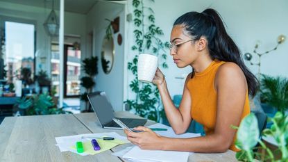 woman using a laptop and going through paperwork while working from home