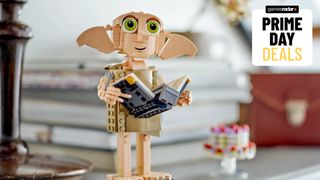 Lego Dobby holds out an open book with a sock in it