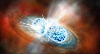 An illustration of two neutron stars colliding and merging to create a kilonova blast that new research indicates maybe perfect spheres