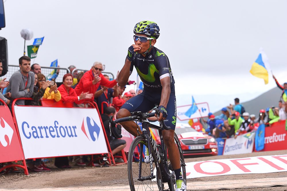 Nairo Quintana celebrates his stage 10 at the Vuelta a Espana.