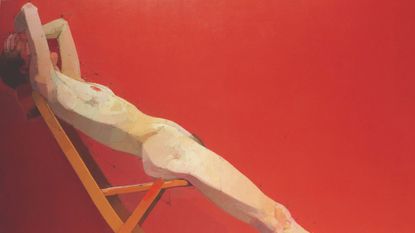 A nude of a woman straightening back on chair and covering her head