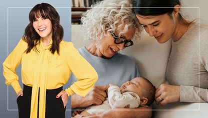 A mother and daughter hold the daughter's baby on the sofa. Overlaid is a headshot of relationship expert Anna Richardson