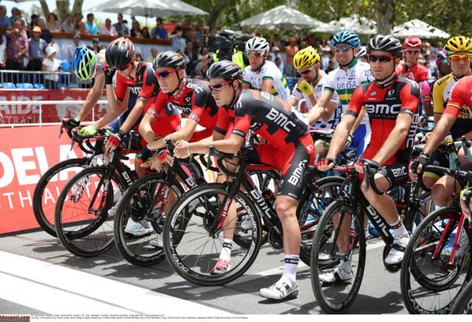Team BMC riders on the start line of the final stage