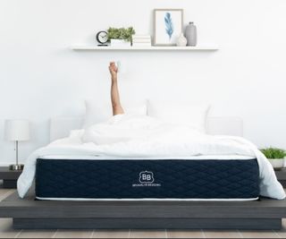 A person under a comforter on the Brooklyn Bedding Signature Hybrid Mattress, holding a coffee cup aloft.