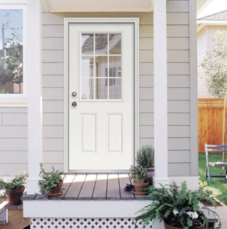 White steel entry door with surrounding plants on porch