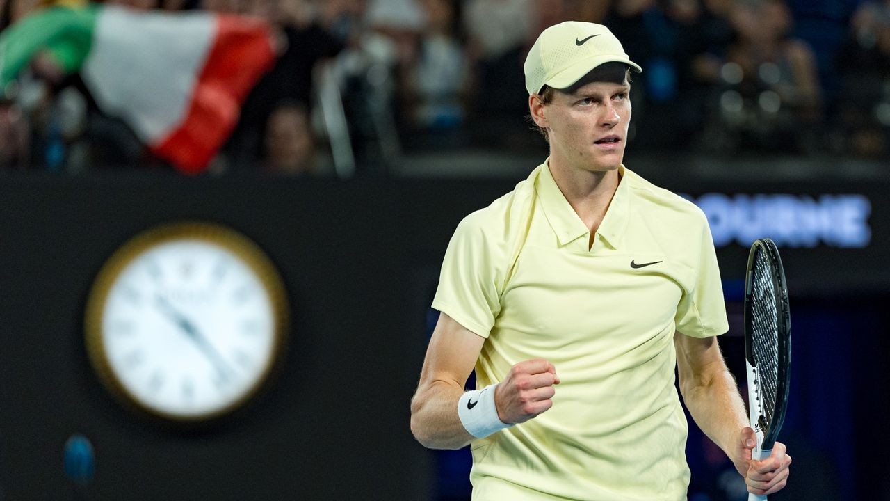 Jannik Sinner celebrates winning match point against Ben Shelton in the Men&#039;s Singles Semifinal of the 2025 Australian Open