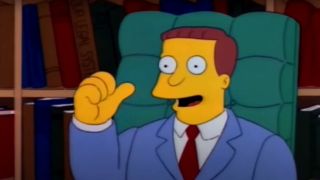 Lionel Hutz gestures gladly towards his law books in The Simpsons.