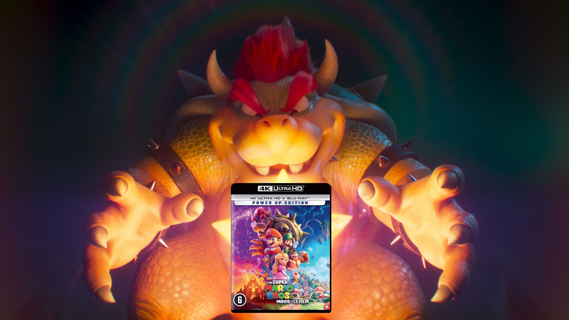 Bowser in The Super Mario Bros Movie, reaching for a Blu-Ray copy of the movie
