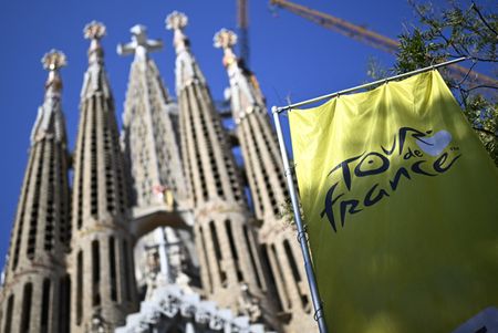 Sagrada Fam&iacute;lia and a flag of TDF pictured ahead of the 2026 Tour de France cycling race, Tuesday 30 June 2026, in Barcelona, Spain. (Photo by JASPER JACOBS / BELGA MAG / Belga via AFP)